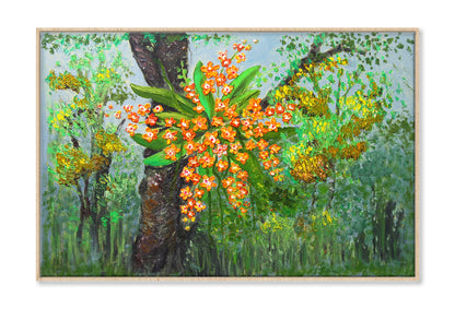 Orange Orchids on Tree Trunk Oil Painting Wall Art Limited Edition High Quality Print Canvas Box Framed Natural