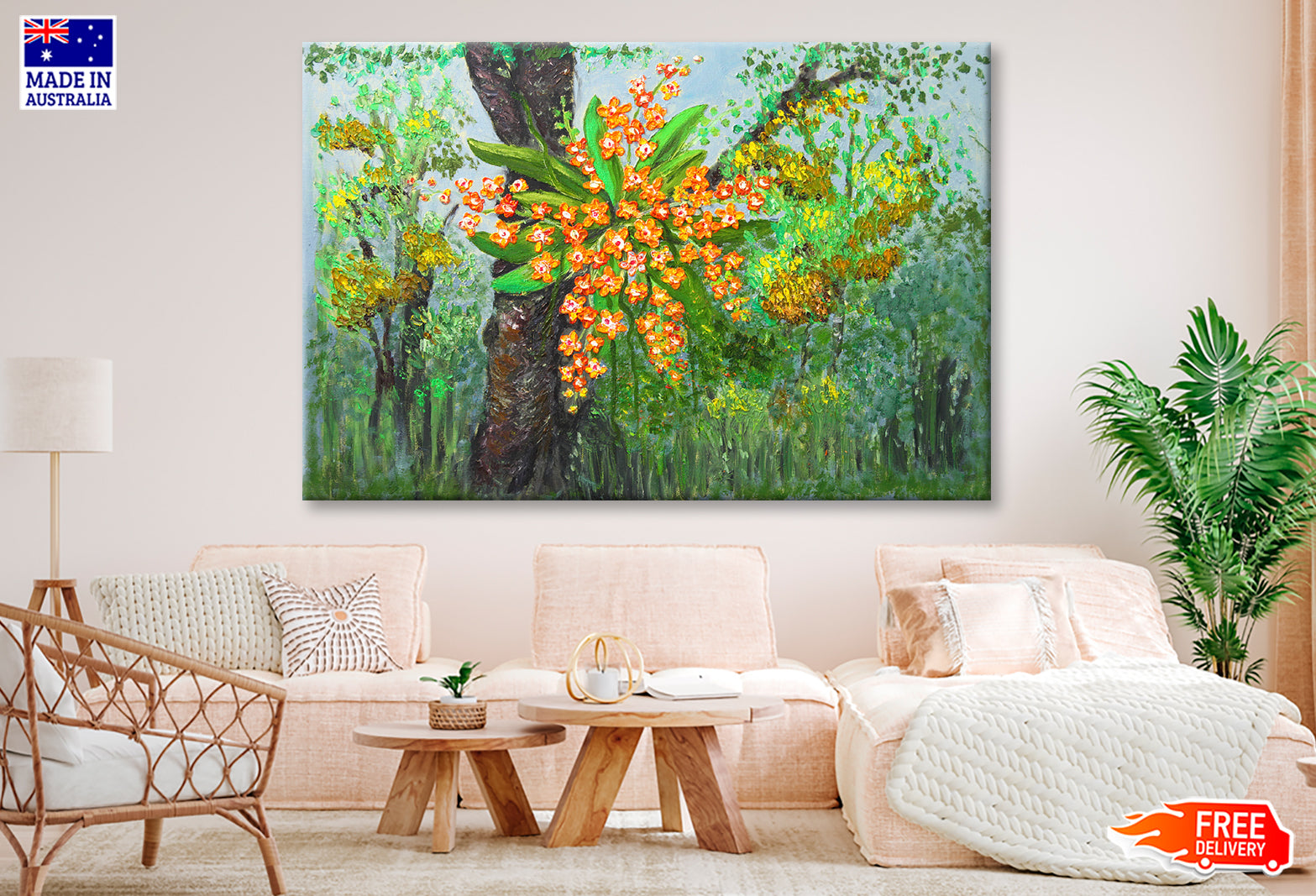 Orange Orchids on Tree Trunk Oil Painting Wall Art Limited Edition High Quality Print