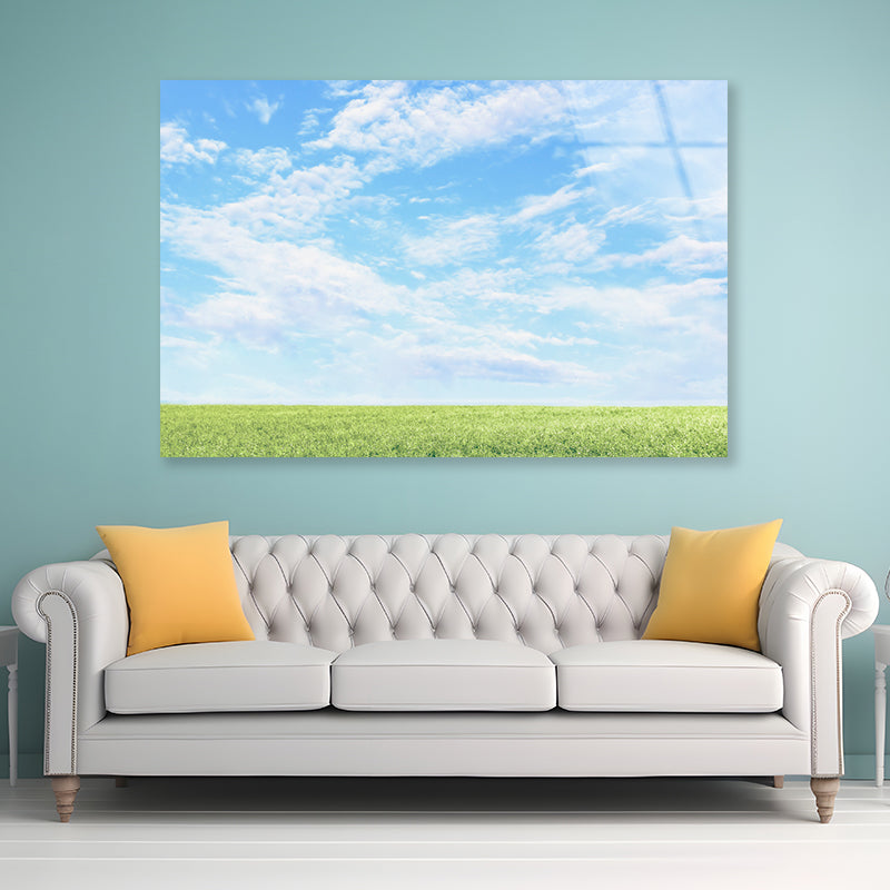 Beautiful Scenic View of Grassy Field and Blue Sky Acrylic Glass Print Tempered Glass Wall Art 100% Made in Australia Ready to Hang