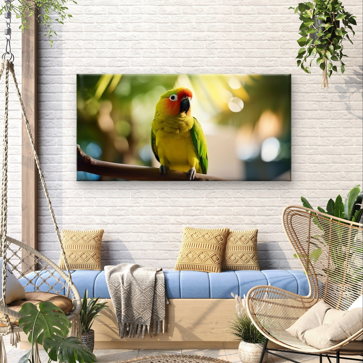 Tropical Green Yellow Parrot Bird Perched Branch Wall Art Canvas Office Home Framed 120x60cm - Bella Home Decor