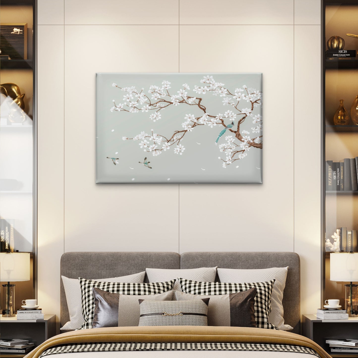 Chinoiserie Style Blooming Magnolia Tree Branch and Songbirds Wall Art Decor 100% Australian Made