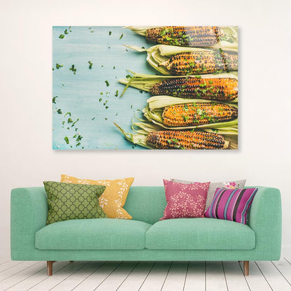 Lat-Lay of Grilled Sweet Corn with Smoked Sea Salt Acrylic Glass Print Tempered Glass Wall Art 100% Made in Australia Ready to Hang