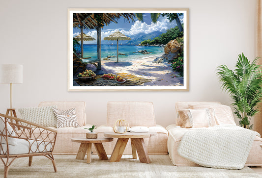 Beach with Umbrellas & Mountains View Home Decor Premium Quality Poster Print Choose Your Sizes