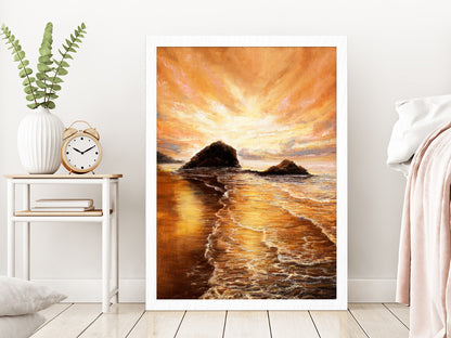 Sunset Over Ocean Beach Oil Painting Glass Framed Wall Art, Ready to Hang Quality Print Without White Border White