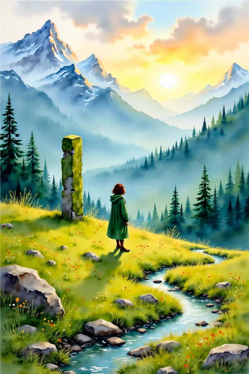 Girl at Green Alpine Valley 60x90cm Metal Print Ready to Hang