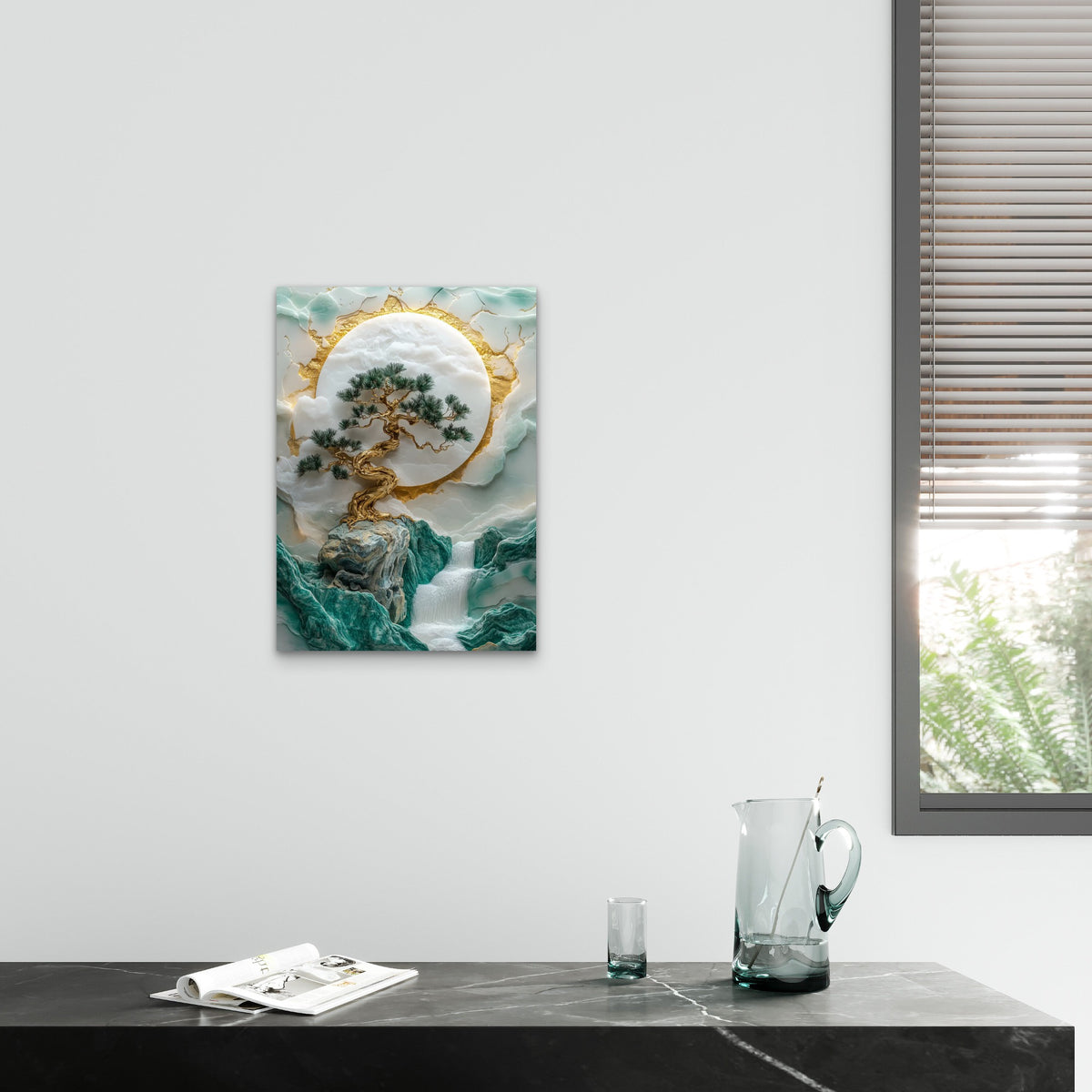 White Jade Gold Zen Bonsai 40x60cm Metal Print Ready to Hang