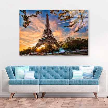 Eiffel Tower Against Sunrise in Paris, France Acrylic Glass Print Tempered Glass Wall Art 100% Made in Australia Ready to Hang - Bella Home Decor