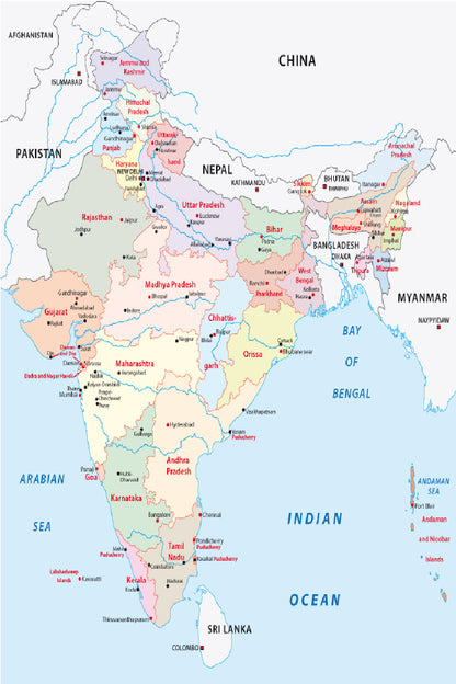 India Administrative Map Home Decor Premium Quality Poster Print Choose Your Sizes