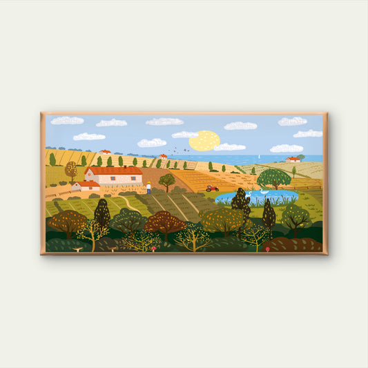 Hand Drawn Farm Landscape Wall Art Canvas Office Home Room Framed 120x60cm