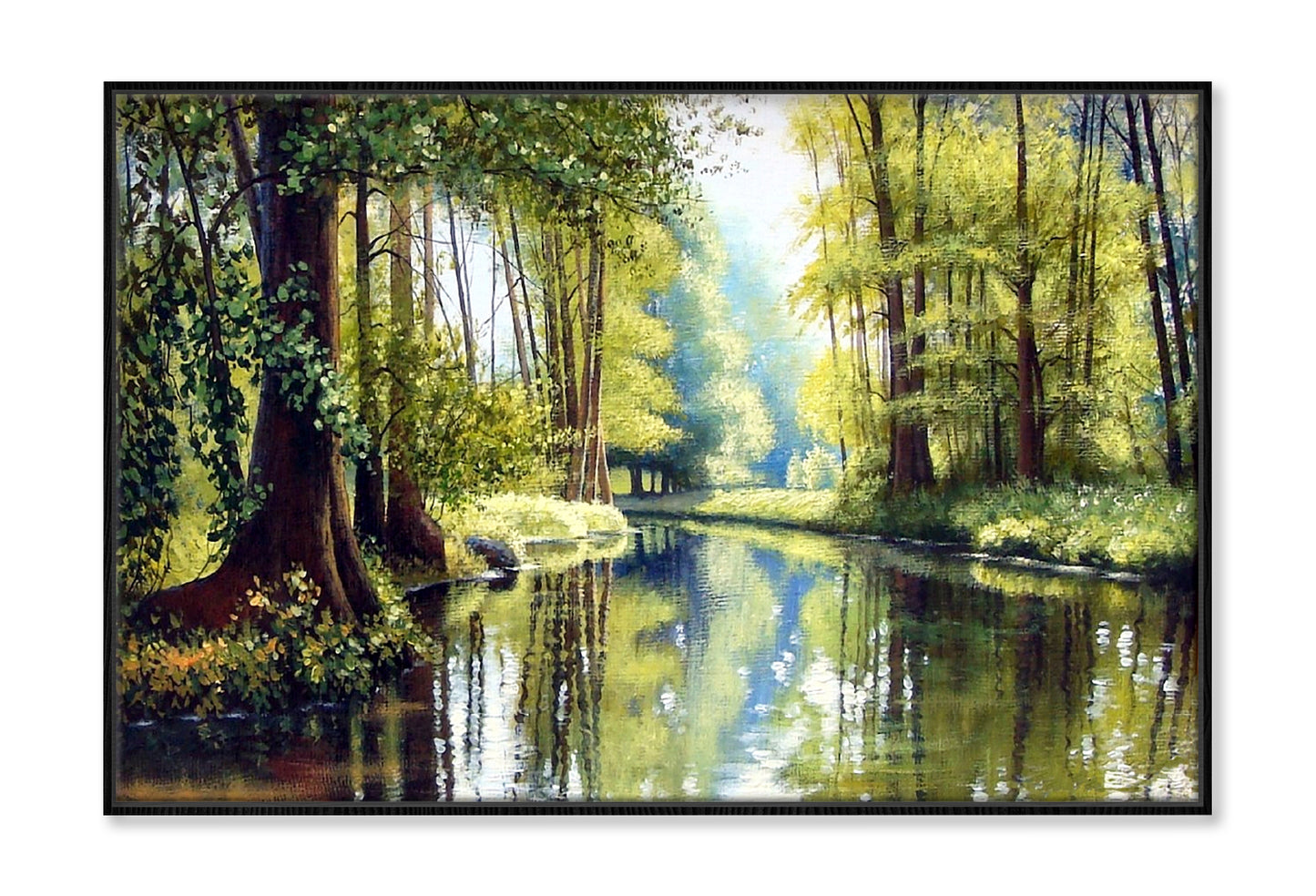 Forest River & Green Trees Watercolor Painting Wall Art Limited Edition High Quality Print Canvas Box Framed Black