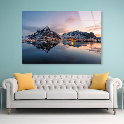 Fishing Village with Snow Mountain at Sunrise Acrylic Glass Print Tempered Glass Wall Art 100% Made in Australia Ready to Hang