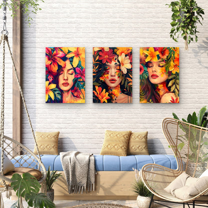 3pcs Vibrant Tropical Woman Flower Painting Wall Art Set Canvas Framed 40x60cm - High Quality Print 100% Australian Made Wall Canvas Ready to Hang