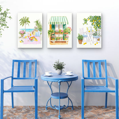 3pcs Mediterranean Summer Amalfi Beach Picnic Wall Art Set Canvas Framed 40x60cm - High Quality Print 100% Australian Made Wall Canvas Ready to Hang