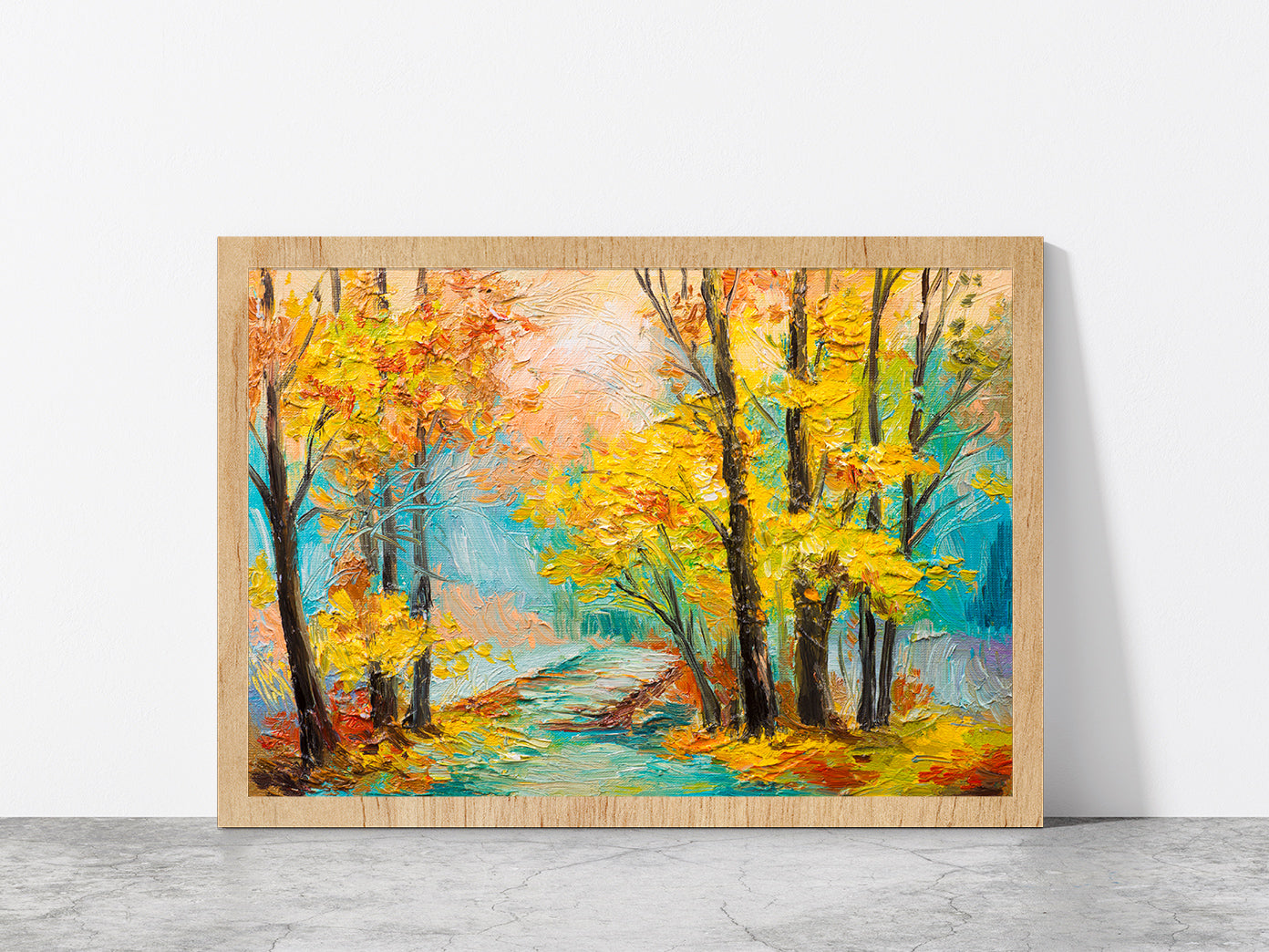 Yellow Trees With Autumn Forest Glass Framed Wall Art, Ready to Hang Quality Print Without White Border Oak