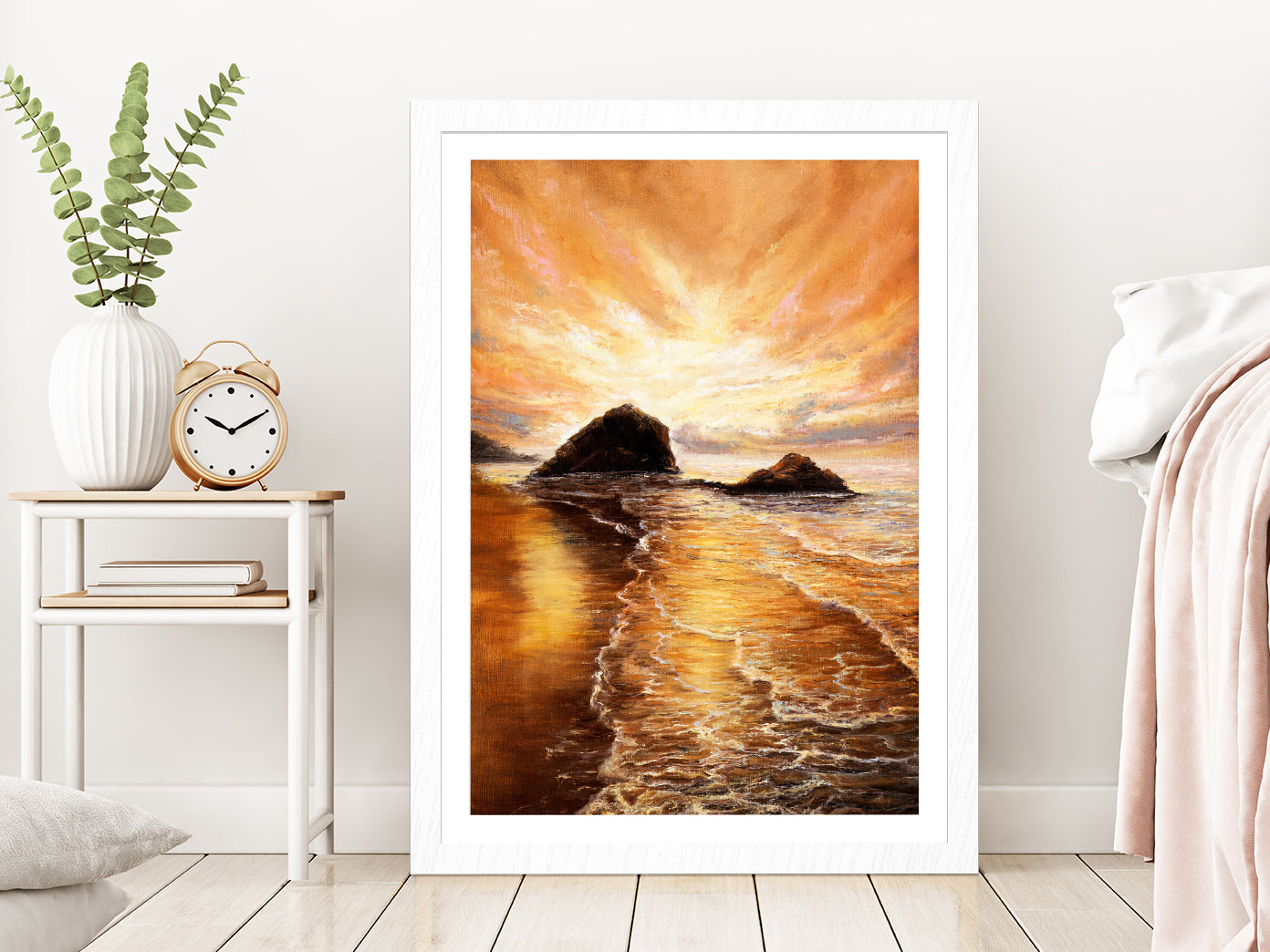 Sunset Over Ocean Beach Oil Painting Glass Framed Wall Art, Ready to Hang Quality Print With White Border White