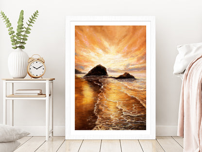 Sunset Over Ocean Beach Oil Painting Glass Framed Wall Art, Ready to Hang Quality Print With White Border White