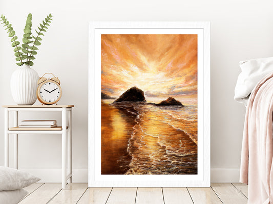 Sunset Over Ocean Beach Oil Painting Glass Framed Wall Art, Ready to Hang Quality Print With White Border White