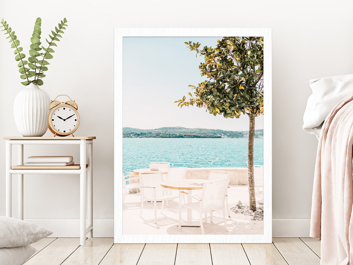 Resort Table & Tree near Beach Photograph Glass Framed Wall Art, Ready to Hang Quality Print Without White Border White