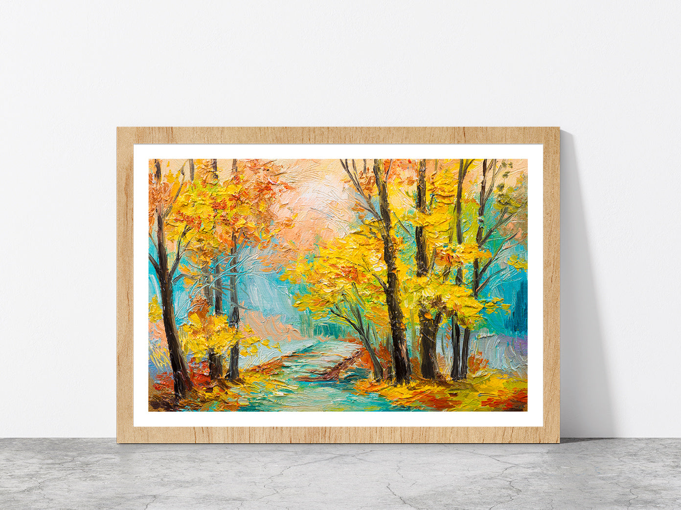 Yellow Trees With Autumn Forest Glass Framed Wall Art, Ready to Hang Quality Print With White Border Oak