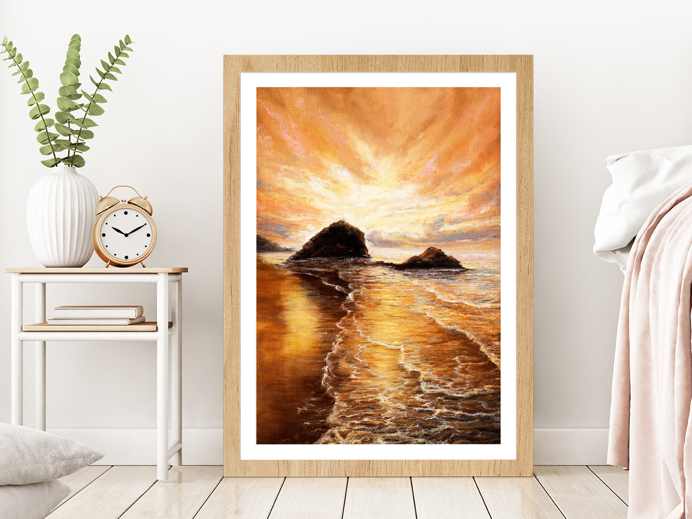 Sunset Over Ocean Beach Oil Painting Glass Framed Wall Art, Ready to Hang Quality Print With White Border Oak