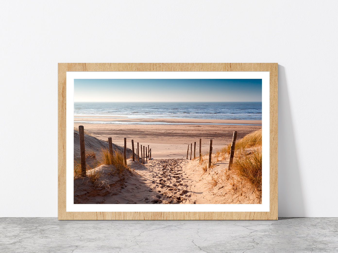 Sand Path To Sea Netherland Glass Framed Wall Art, Ready to Hang Quality Print With White Border Oak