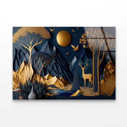 Mountains, Deer, Birds, Trees Painting Acrylic Glass Print Tempered Glass Wall Art 100% Made in Australia Ready to Hang - Bella Home Decor