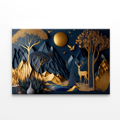 Mountains, Deer, Birds, Trees Painting Print 100% Australian Made - Bella Home Decor