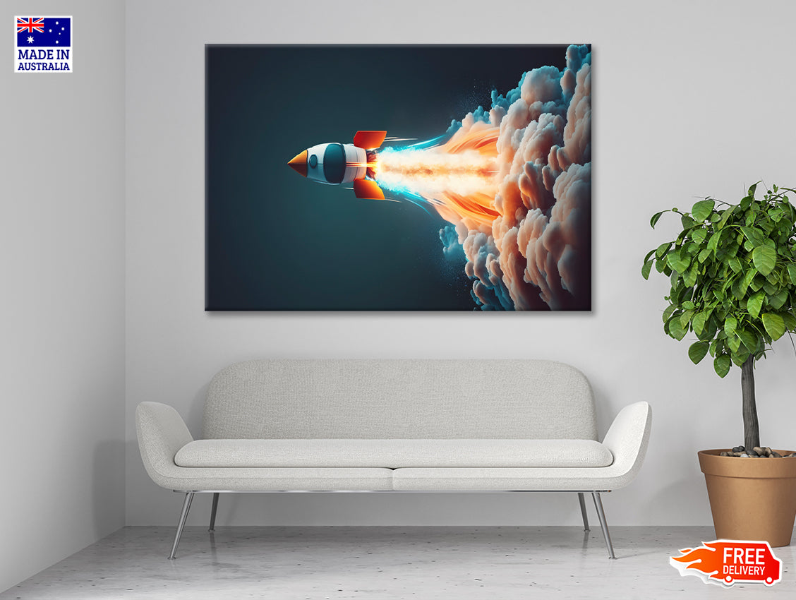 Rocket Launch on a Blue Background Print 100% Australian Made - Bella Home Decor