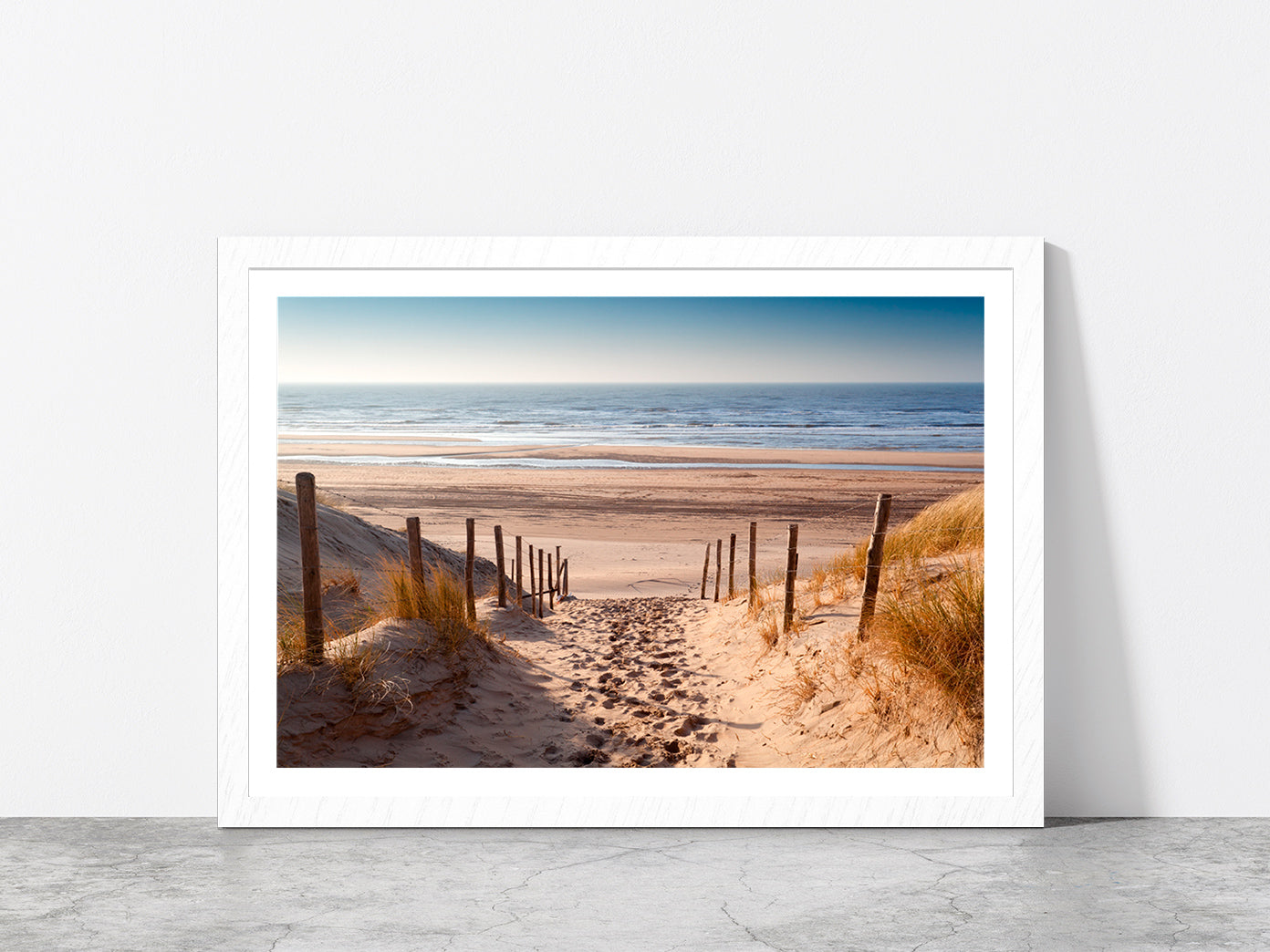 Sand Path To Sea Netherland Glass Framed Wall Art, Ready to Hang Quality Print With White Border White