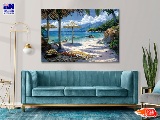 Beach with Umbrellas & Mountains View Print 100% Australian Made - Bella Home Decor