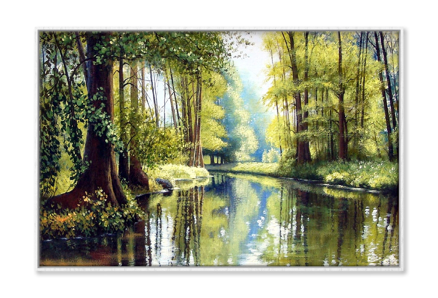 Forest River & Green Trees Watercolor Painting Wall Art Limited Edition High Quality Print Canvas Box Framed White