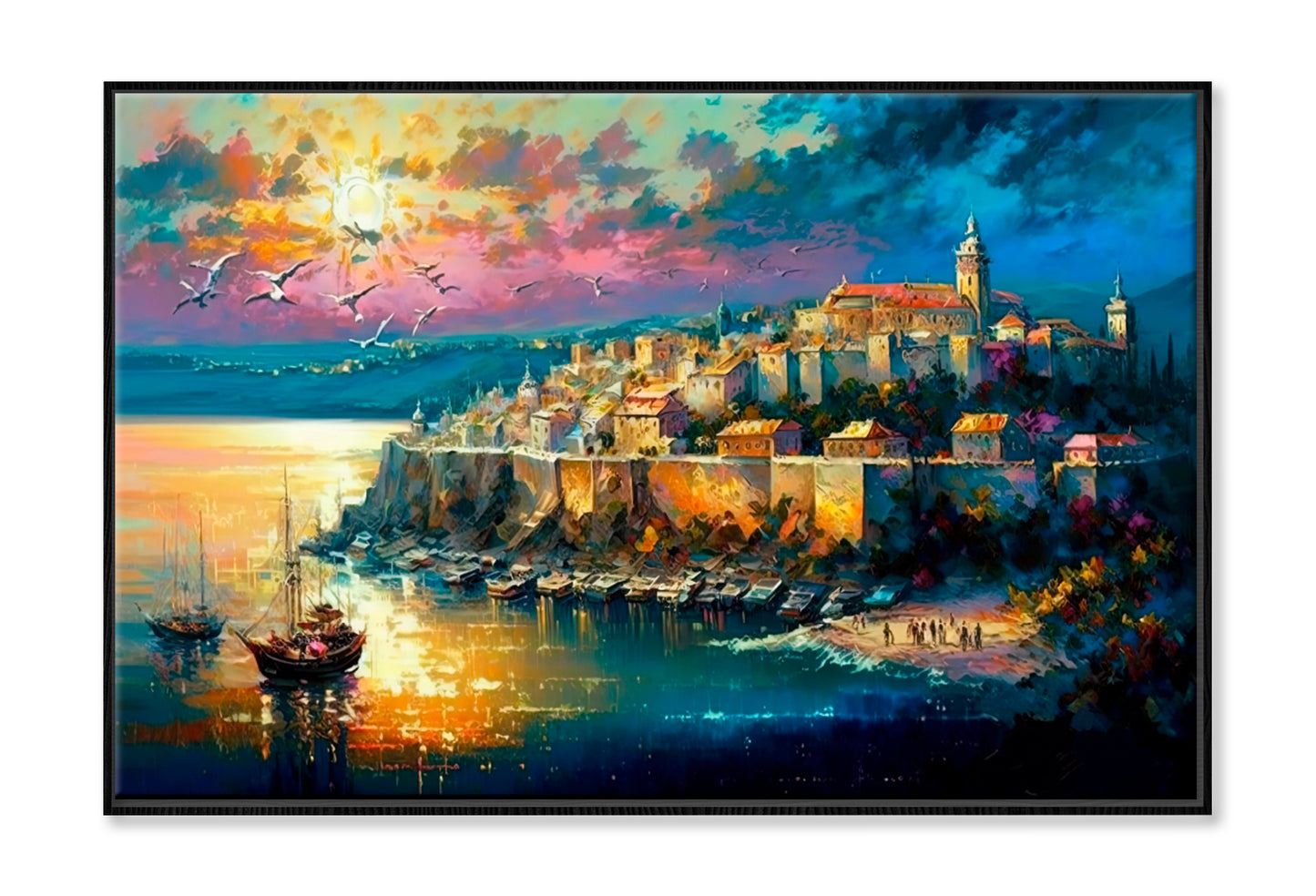 Big Old City Illustration Oil Painting Wall Art Limited Edition High Quality Print Canvas Box Framed Black