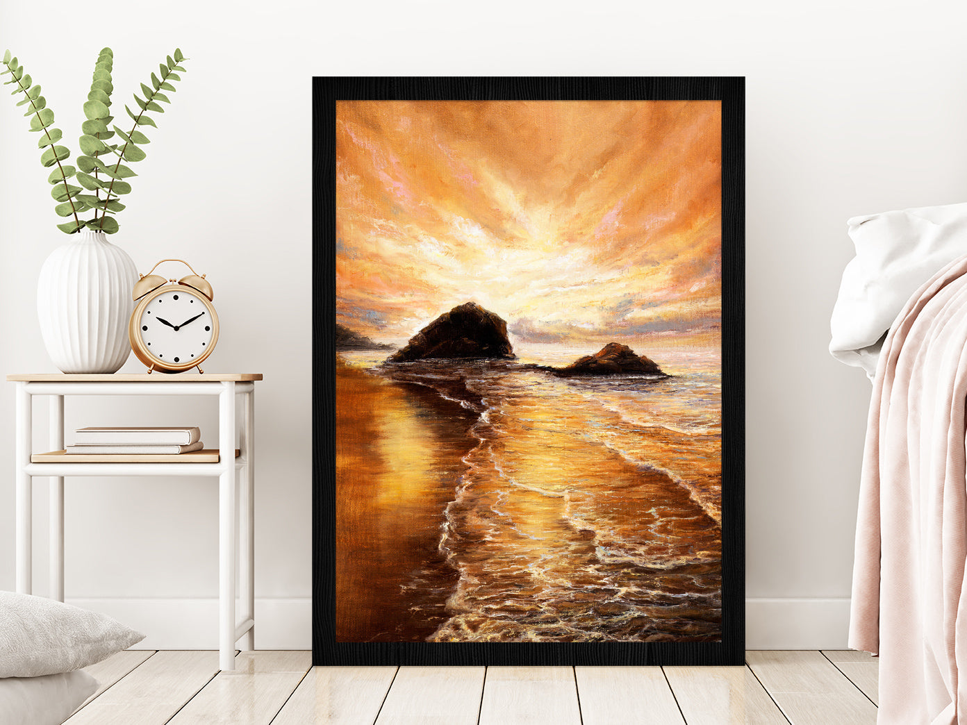 Sunset Over Ocean Beach Oil Painting Glass Framed Wall Art, Ready to Hang Quality Print Without White Border Black