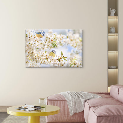 Pastel Toned Blue Tit Birds in Blossom Springtime Nature Wall Art Decor 100% Australian Made