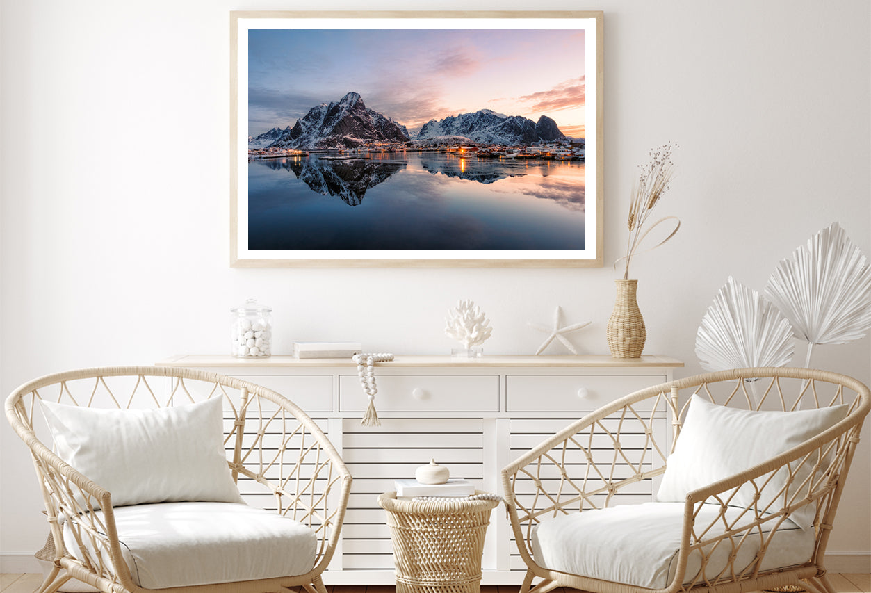 Fishing Village with Snow Mountain at Sunrise Home Decor Premium Quality Poster Print Choose Your Sizes