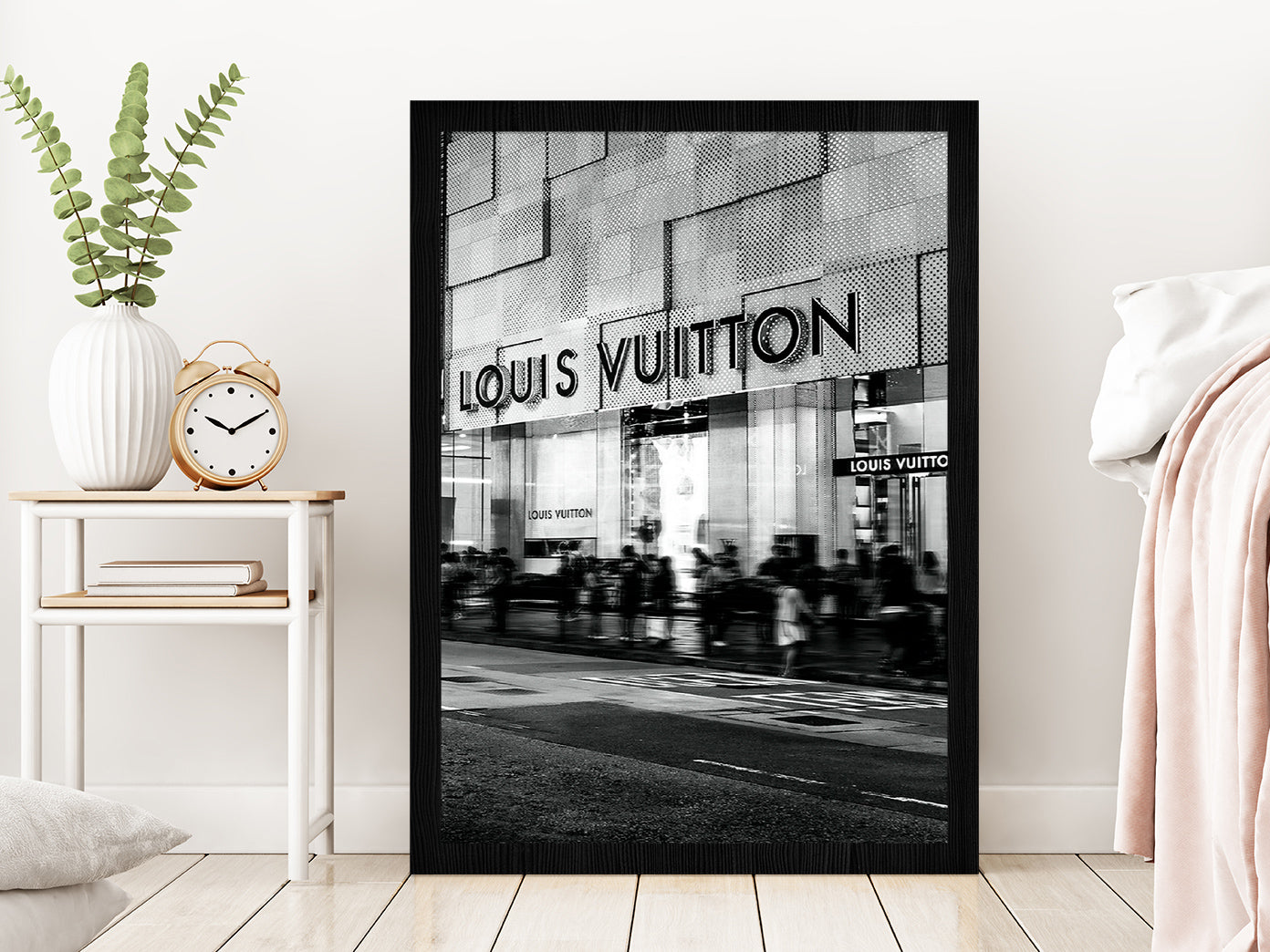 People near Fashion Store B&W Photograph Glass Framed Wall Art, Ready to Hang Quality Print Without White Border Black