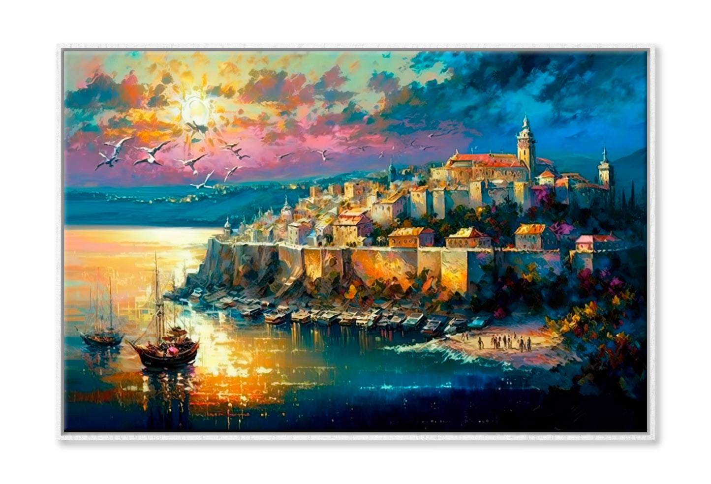 Big Old City Illustration Oil Painting Wall Art Limited Edition High Quality Print Canvas Box Framed White