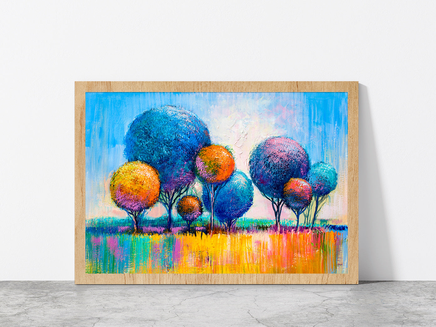 Multicolor Trees Glass Framed Wall Art, Ready to Hang Quality Print Without White Border Oak