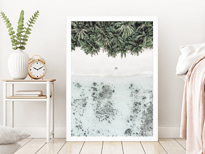 Palms & Seashore Aerial View Photograph Glass Framed Wall Art, Ready to Hang Quality Print Without White Border White