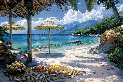 Beach with Umbrellas & Mountains View Print 100% Australian Made - Bella Home Decor