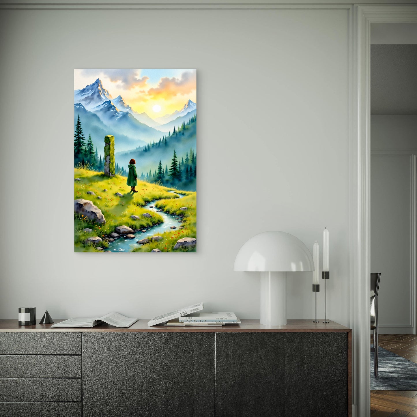 Girl at Green Alpine Valley 40x60cm Metal Print Ready to Hang