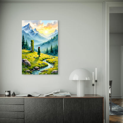 Girl at Green Alpine Valley 40x60cm Metal Print Ready to Hang