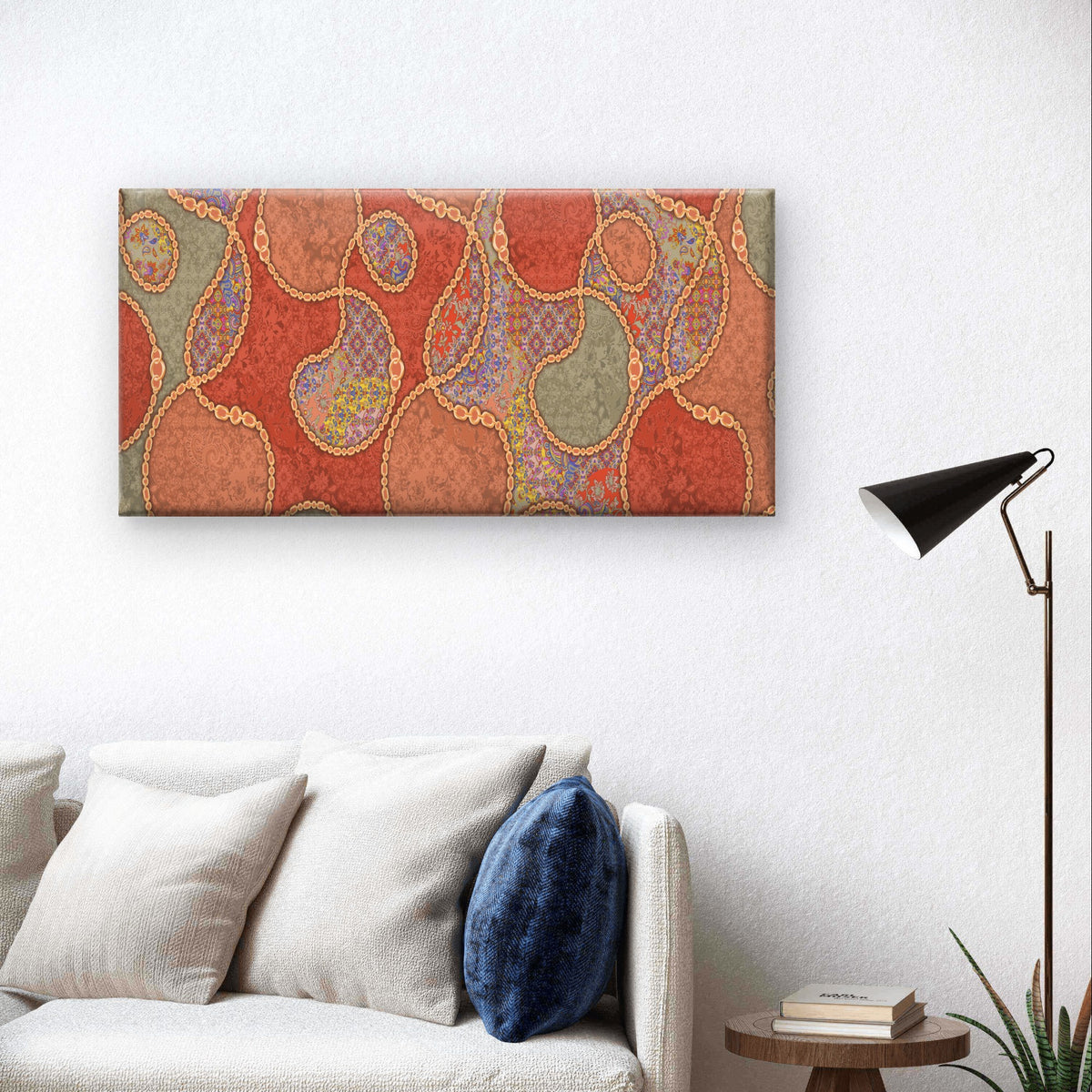 Boho Gold Chain Paisley Vintage Painting Wall Art Canvas Office Home Framed 120x60cm