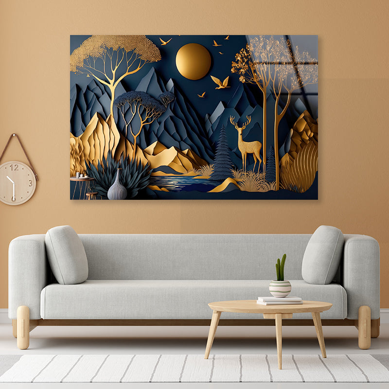 Mountains, Deer, Birds, Trees Painting Acrylic Glass Print Tempered Glass Wall Art 100% Made in Australia Ready to Hang - Bella Home Decor