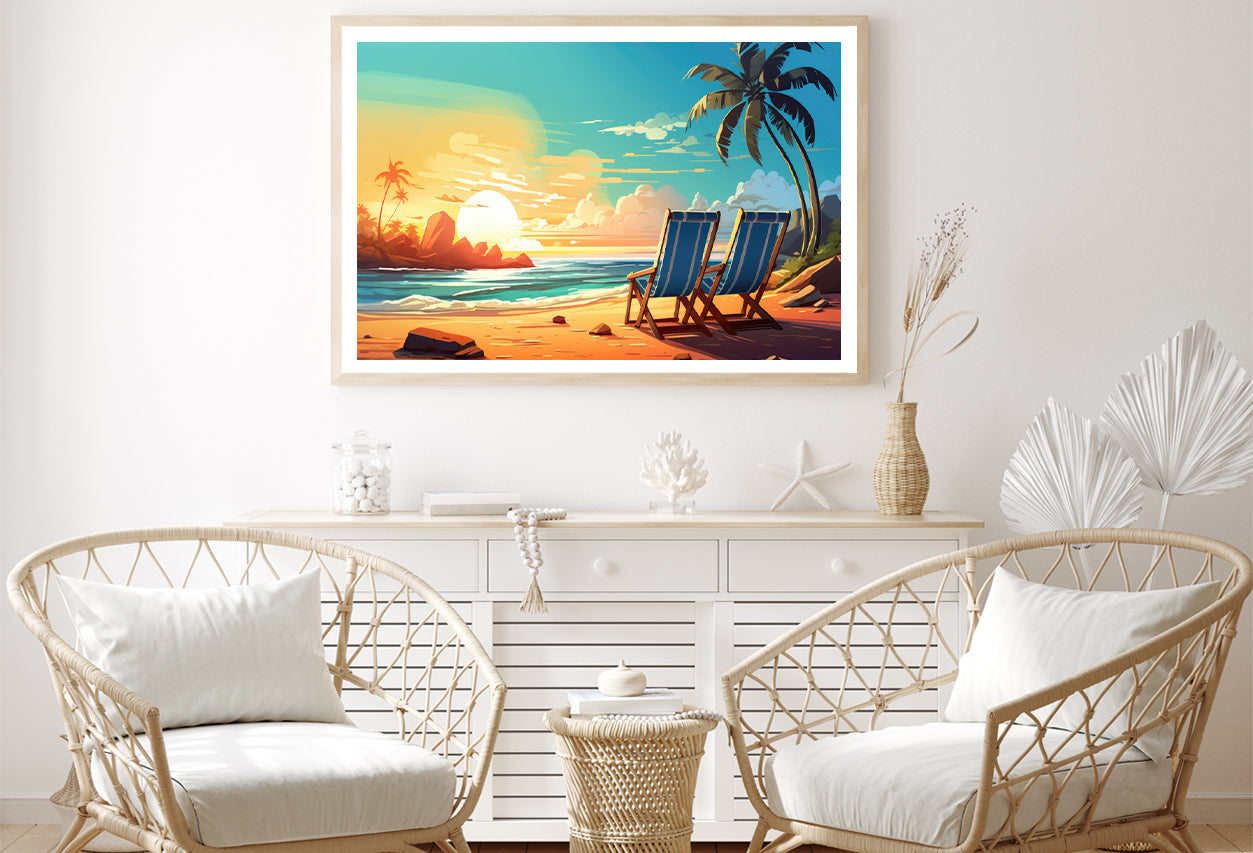 Chairs on a Beach with Palm Trees and the Ocean Home Decor Premium Quality Poster Print Choose Your Sizes - Bella Home Decor