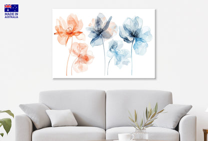 Soft Watercolor Flowers Pastel Peach and Blue Tones Wall Art Decor 100% Australian Made