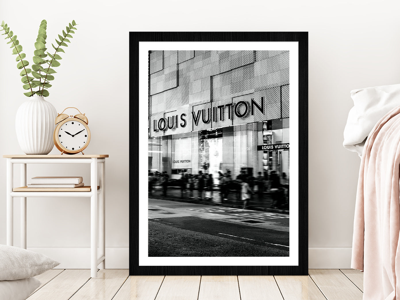 People near Fashion Store B&W Photograph Glass Framed Wall Art, Ready to Hang Quality Print With White Border Black