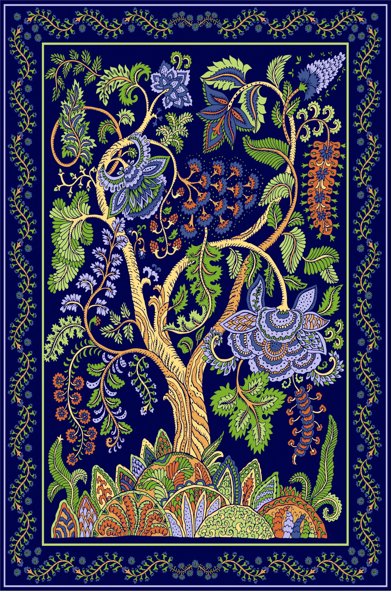 Navy Floral Tree of Life Painting 40x60cm Metal Print Ready to Hang - Bella Home Decor