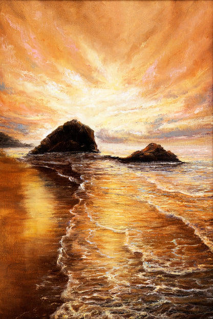 Sunset Over Ocean Beach Oil Painting Glass Framed Wall Art, Ready to Hang Quality Print