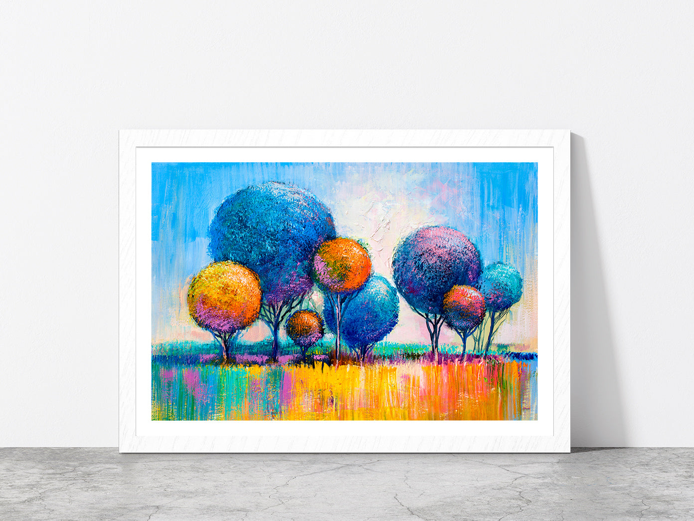 Multicolor Trees Glass Framed Wall Art, Ready to Hang Quality Print With White Border White